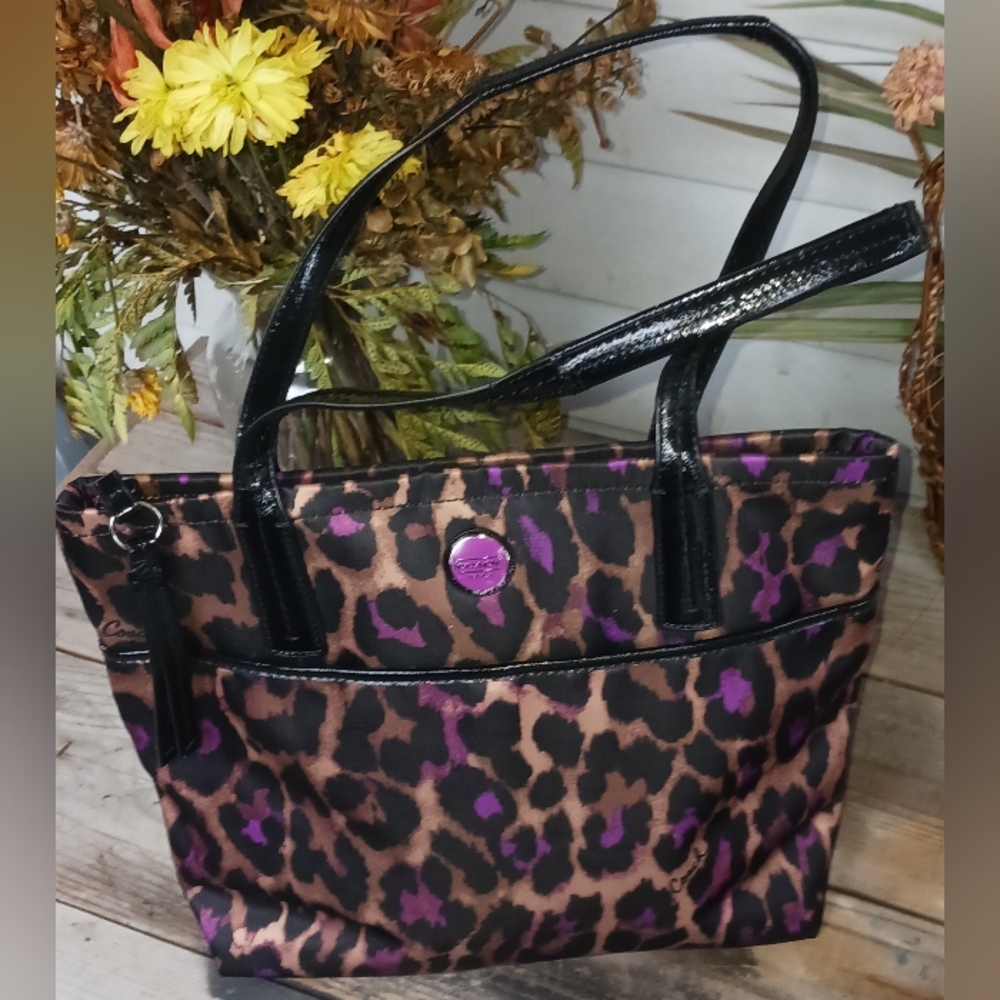 Coach Leopard Print Tote Shoulder Bag Black Purple Nylon Canvas Purse